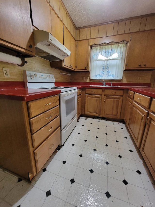 1418 Mitchell Rd, Chatham, VA 24531 - kitchen featuring brown cabinets, under cabinet range hood, white range with electric stovetop, dark countertops, and a sink