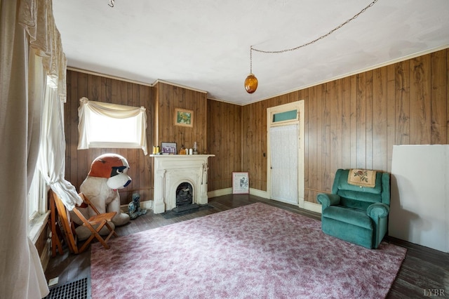 119 Harrison St, Lynchburg, VA 24504 - sitting room with baseboards, wooden walls, wood finished floors, and a fireplace