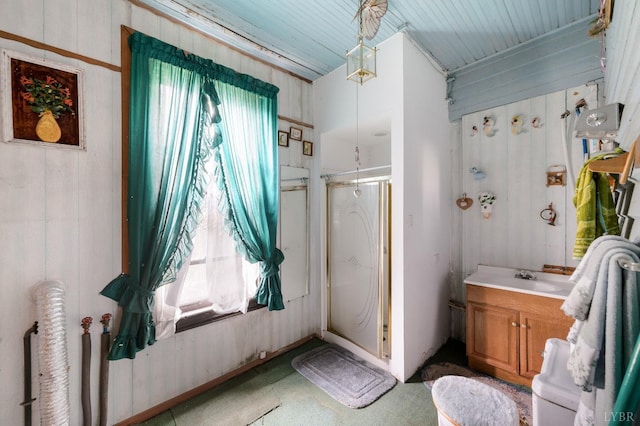 119 Harrison St, Lynchburg, VA 24504 - full bathroom featuring a shower stall, wood walls, and vanity