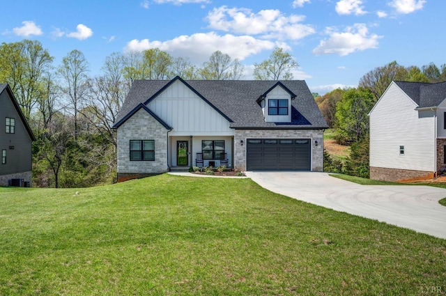 1033 Elk Creek Rd, Forest, VA 24551 - modern farmhouse style home featuring board and batten siding, driveway, central AC unit, a front lawn, and a shingled roof