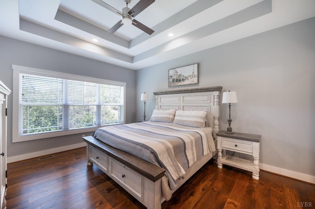 1033 Elk Creek Rd, Forest, VA 24551 - bedroom featuring a raised ceiling, baseboards, dark wood finished floors, recessed lighting, and a ceiling fan