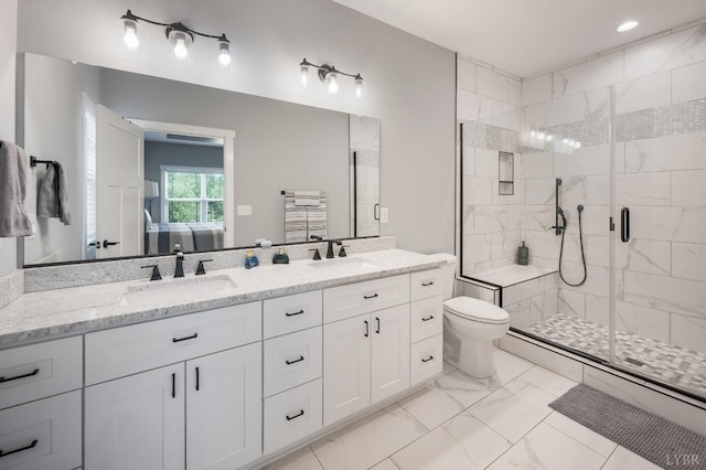 1033 Elk Creek Rd, Forest, VA 24551 - bathroom with a shower stall, marble finish flooring, double vanity, toilet, and connected bathroom