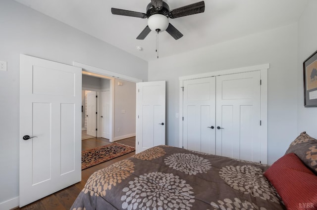 1033 Elk Creek Rd, Forest, VA 24551 - bedroom with dark wood-style floors, a closet, a ceiling fan, and baseboards