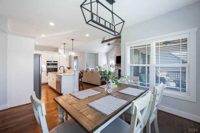 1033 Elk Creek Rd, Forest, VA 24551 - dining room featuring ceiling fan, dark wood finished floors, recessed lighting, baseboards, and lofted ceiling