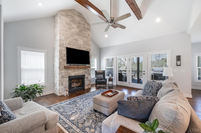 1033 Elk Creek Rd, Forest, VA 24551 - living area featuring a fireplace, high vaulted ceiling, ceiling fan, baseboards, and beamed ceiling