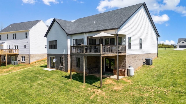 1033 Elk Creek Rd, Forest, VA 24551 - back of house featuring central air condition unit, a lawn, a deck, and brick siding