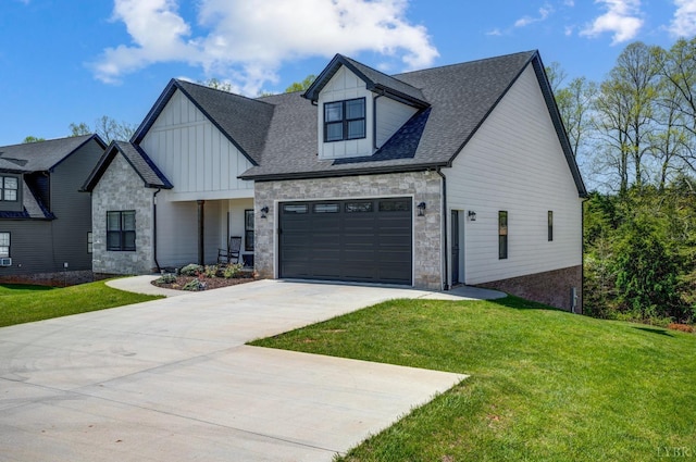 1033 Elk Creek Rd, Forest, VA 24551 - modern farmhouse featuring stone siding, board and batten siding, driveway, and a front lawn
