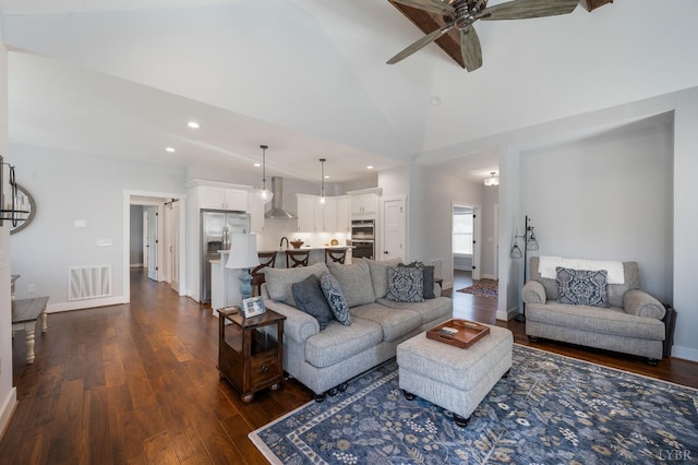 1033 Elk Creek Rd, Forest, VA 24551 - living room featuring a ceiling fan, dark wood finished floors, baseboards, vaulted ceiling, and recessed lighting