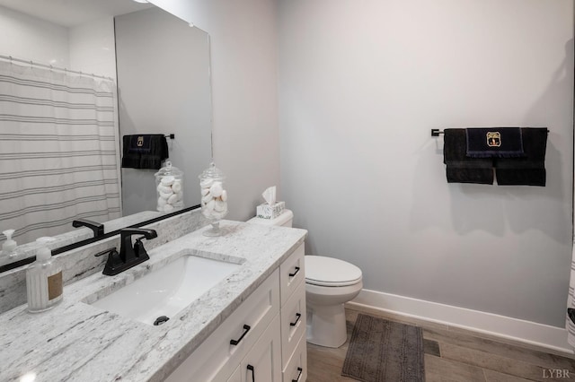 1033 Elk Creek Rd, Forest, VA 24551 - full bathroom featuring wood finished floors, vanity, toilet, baseboards, and a shower with curtain
