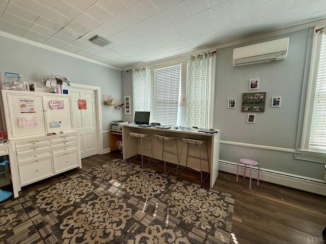 2134 Westerly Dr, Lynchburg, VA 24501 - office space with a wall mounted air conditioner, a baseboard radiator, crown molding, dark wood finished floors, and visible vents