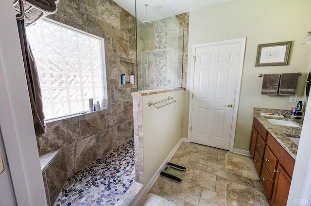 328 Paulette Cir, Lynchburg, VA 24502 - full bathroom with walk in shower, baseboards, stone finish flooring, and double vanity