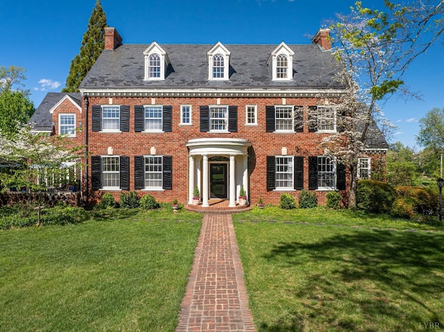 3830 Peakland Pl, Lynchburg, VA 24503 - colonial house featuring a chimney, a front yard, a high end roof, and brick siding