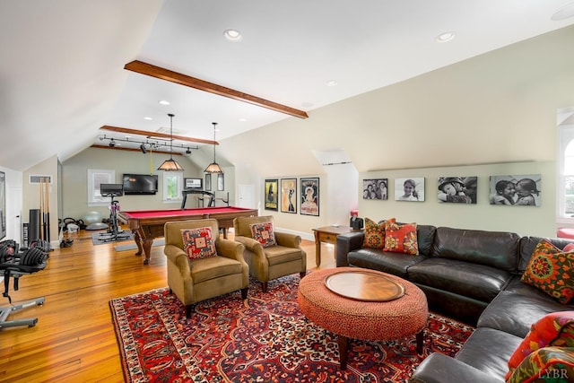 3830 Peakland Pl, Lynchburg, VA 24503 - living room featuring light wood finished floors, vaulted ceiling with beams, recessed lighting, and billiards