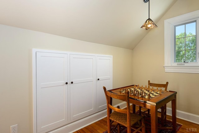 3830 Peakland Pl, Lynchburg, VA 24503 - dining space with lofted ceiling, baseboards, and dark wood-style floors