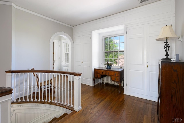 3830 Peakland Pl, Lynchburg, VA 24503 - hallway featuring arched walkways, ornamental molding, and dark wood-style floors
