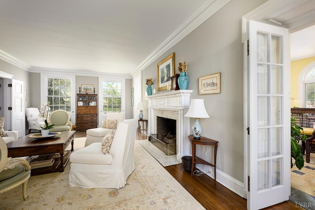 3830 Peakland Pl, Lynchburg, VA 24503 - living area with crown molding, wood finished floors, baseboards, and a high end fireplace