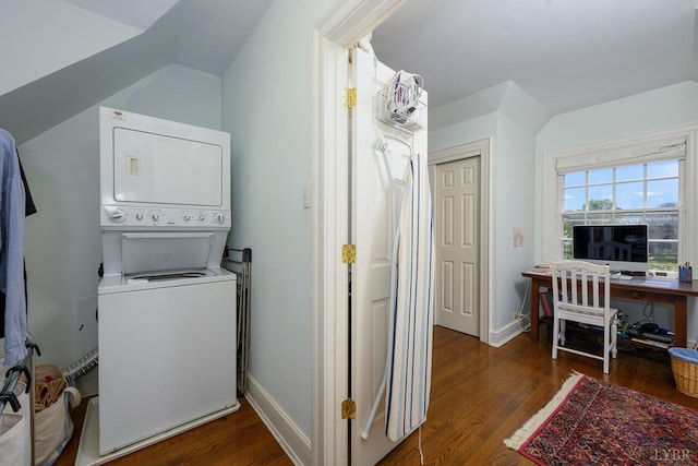 3830 Peakland Pl, Lynchburg, VA 24503 - clothes washing area featuring stacked washer / dryer, laundry area, baseboards, and wood finished floors
