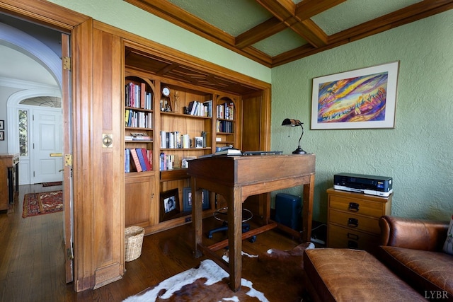 3830 Peakland Pl, Lynchburg, VA 24503 - office with coffered ceiling, beam ceiling, a textured wall, and wood finished floors