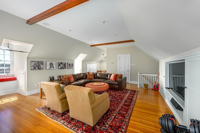 3830 Peakland Pl, Lynchburg, VA 24503 - living area featuring light wood-style floors, baseboards, and lofted ceiling with beams