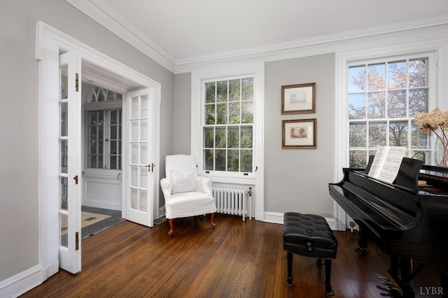3830 Peakland Pl, Lynchburg, VA 24503 - living area featuring dark wood-style flooring, baseboards, french doors, and radiator heating unit