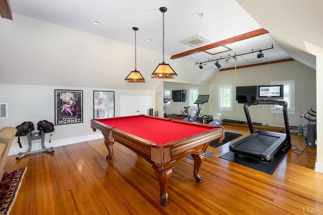 3830 Peakland Pl, Lynchburg, VA 24503 - rec room with vaulted ceiling, hardwood / wood-style floors, visible vents, baseboards, and billiards