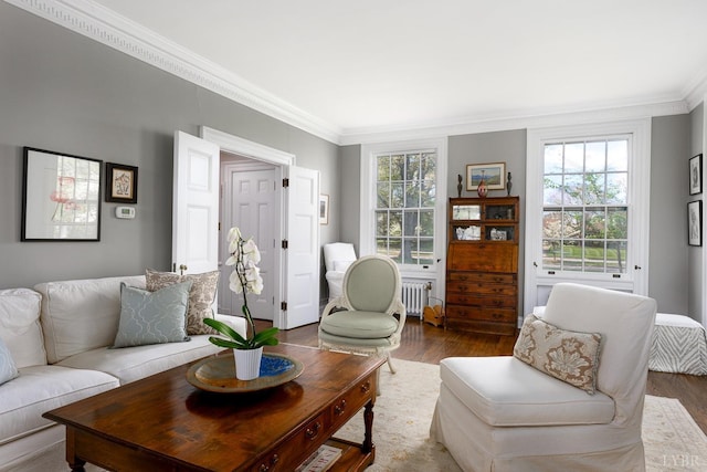 3830 Peakland Pl, Lynchburg, VA 24503 - living area with dark wood-style flooring, ornamental molding, and radiator heating unit