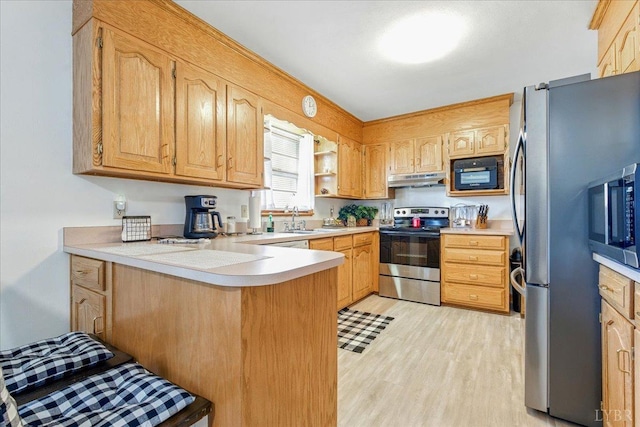 1321 Norfolk Ave, Bedford, VA 24523 - kitchen with stainless steel appliances, under cabinet range hood, a peninsula, light wood-style flooring, and light countertops