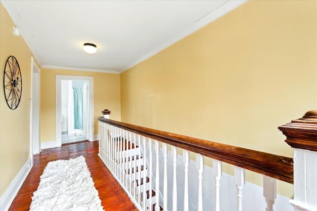 702 Dinwiddie St, Lynchburg, VA 24504 - hallway featuring ornamental molding, dark wood-style floors, baseboards, and an upstairs landing