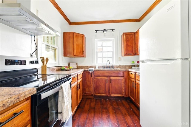 702 Dinwiddie St, Lynchburg, VA 24504 - kitchen featuring freestanding refrigerator, stainless steel electric range, wall chimney exhaust hood, a sink, and crown molding