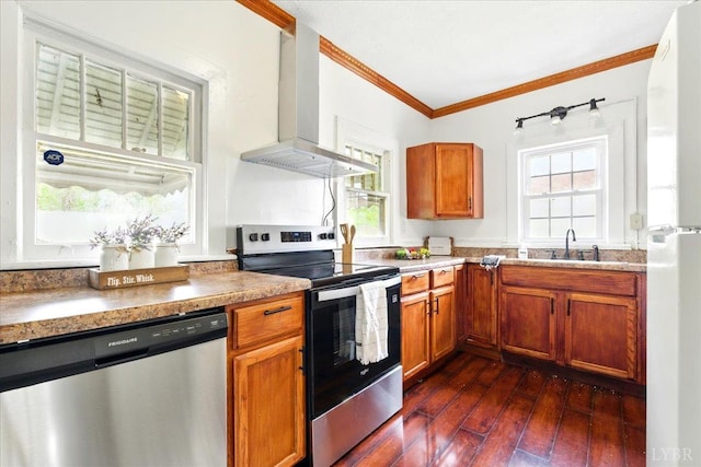702 Dinwiddie St, Lynchburg, VA 24504 - kitchen with appliances with stainless steel finishes, wall chimney range hood, crown molding, dark wood finished floors, and a sink