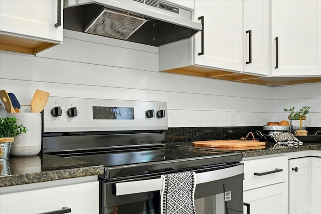 17 Beverly St, Lynchburg, VA 24501 - kitchen featuring stainless steel electric range oven, under cabinet range hood, white cabinetry, and dark stone counters