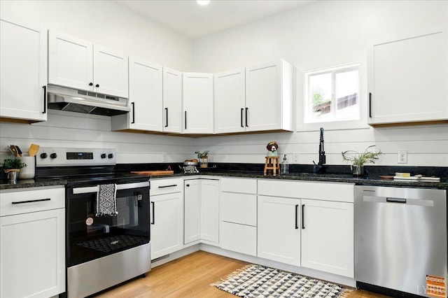 17 Beverly St, Lynchburg, VA 24501 - kitchen featuring stainless steel appliances, under cabinet range hood, light wood-style flooring, white cabinets, and dark stone counters