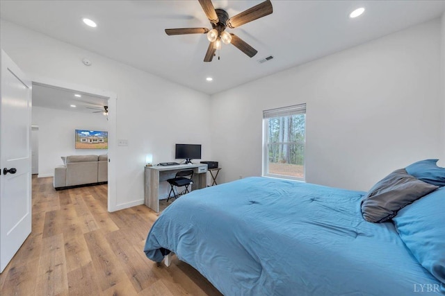 9900 Stonewall Rd, Appomattox, VA 24522 - bedroom featuring ceiling fan, light wood-style flooring, visible vents, and recessed lighting