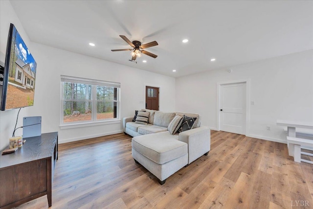 9900 Stonewall Rd, Appomattox, VA 24522 - living room with a ceiling fan, baseboards, recessed lighting, and light wood-style flooring