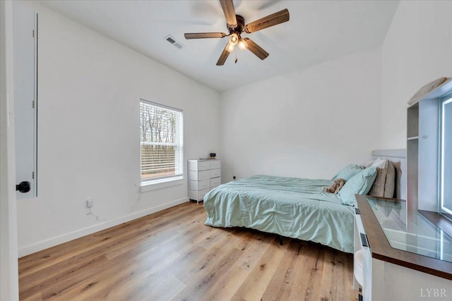 9900 Stonewall Rd, Appomattox, VA 24522 - bedroom with light wood-type flooring, baseboards, visible vents, and ceiling fan