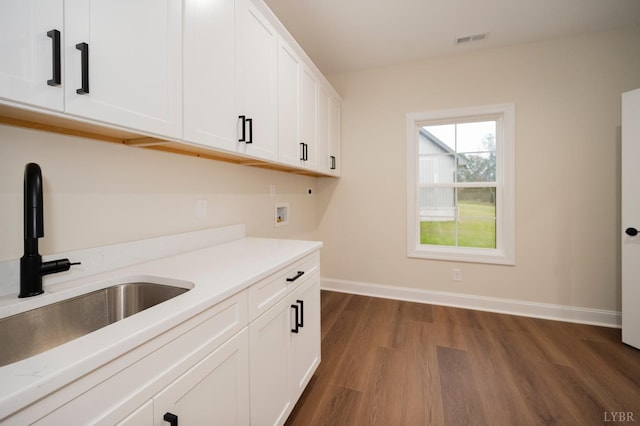 1750 Willow Oak Dr, Forest, VA 24551 - kitchen with baseboards, white cabinets, a sink, dark wood-style floors, and visible vents