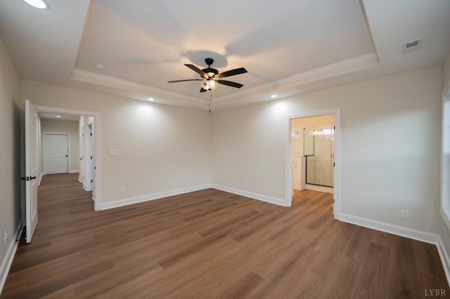 1750 Willow Oak Dr, Forest, VA 24551 - unfurnished room with a tray ceiling, a ceiling fan, visible vents, ornamental molding, and wood finished floors