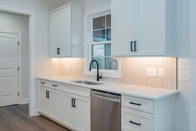 1750 Willow Oak Dr, Forest, VA 24551 - kitchen featuring tasteful backsplash, white cabinetry, dishwasher, a sink, and dark wood-style floors
