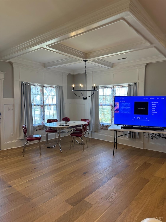 1022 N Westyn Loop, Forest, VA 24551 - dining area with plenty of natural light, an inviting chandelier, coffered ceiling, and wood finished floors