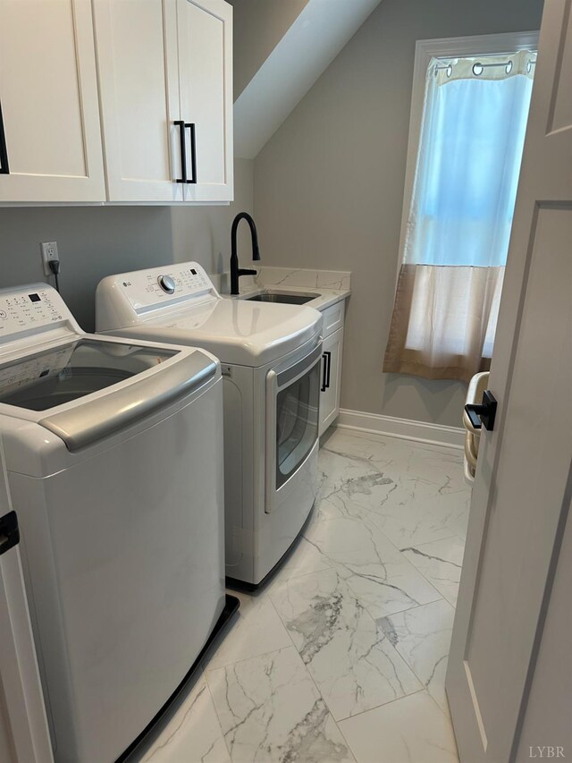 1022 N Westyn Loop, Forest, VA 24551 - laundry area featuring a sink, cabinet space, washer and clothes dryer, baseboards, and marble finish floor