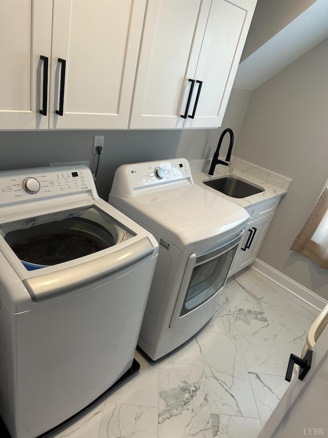1022 N Westyn Loop, Forest, VA 24551 - laundry room with baseboards, marble finish floor, washer and dryer, a sink, and cabinet space