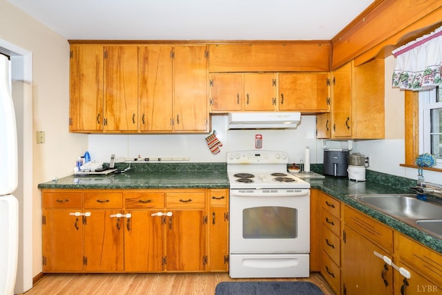 139 Old Main St, Brookneal, VA 24528 - kitchen with electric stove, extractor fan, light wood finished floors, and brown cabinetry