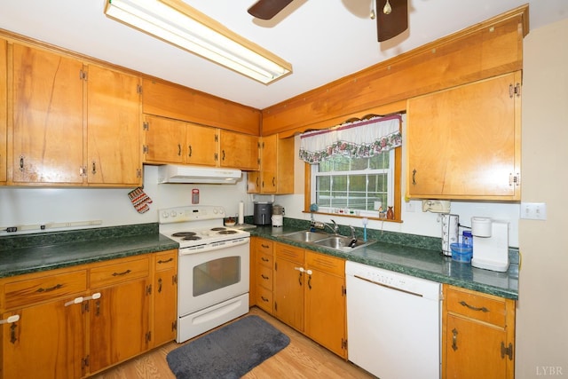 139 Old Main St, Brookneal, VA 24528 - kitchen featuring white appliances, under cabinet range hood, light wood-style flooring, dark countertops, and ceiling fan
