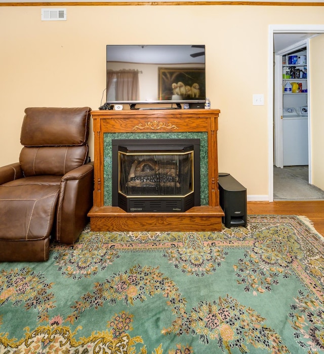 139 Old Main St, Brookneal, VA 24528 - living area with a premium fireplace, wood finished floors, and washer / clothes dryer