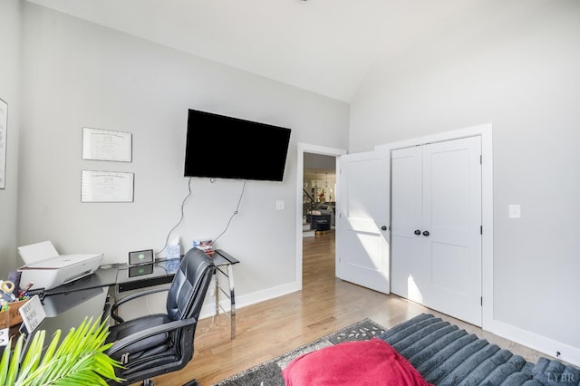 301 Bentley Grove Way, Lynchburg, VA 24502 - office area featuring wood finished floors, baseboards, and high vaulted ceiling