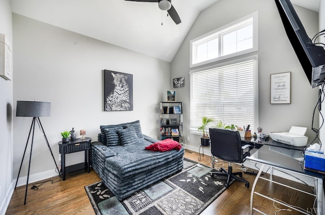 301 Bentley Grove Way, Lynchburg, VA 24502 - bedroom featuring wood finished floors, high vaulted ceiling, a desk, baseboards, and ceiling fan