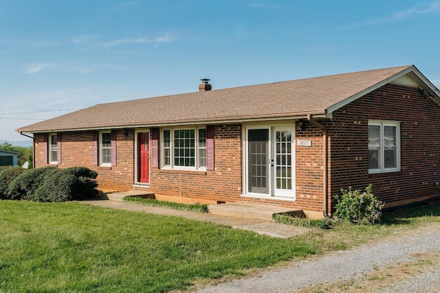 3677 Grit Rd, Hurt, VA 24563 - ranch-style house featuring a front lawn, brick siding, roof with shingles, a chimney, and entry steps