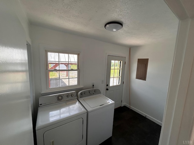 3677 Grit Rd, Hurt, VA 24563 - clothes washing area featuring independent washer and dryer, a textured ceiling, baseboards, electric panel, and dark wood-style flooring