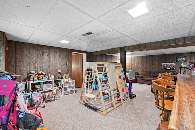 119 Adams Dr, Lynchburg, VA 24502 - game room with a paneled ceiling, carpet, and wood walls