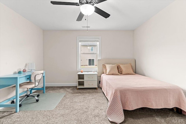 bedroom with carpet flooring, ceiling fan, visible vents, and baseboards
